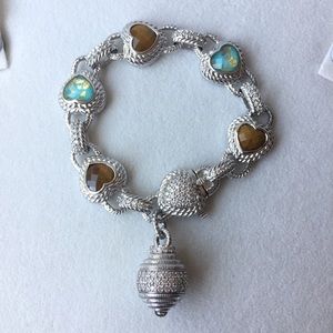 Judith Ripka Sterling Silver Tigers Eye Turquoise Heart Link CZ Bracelet